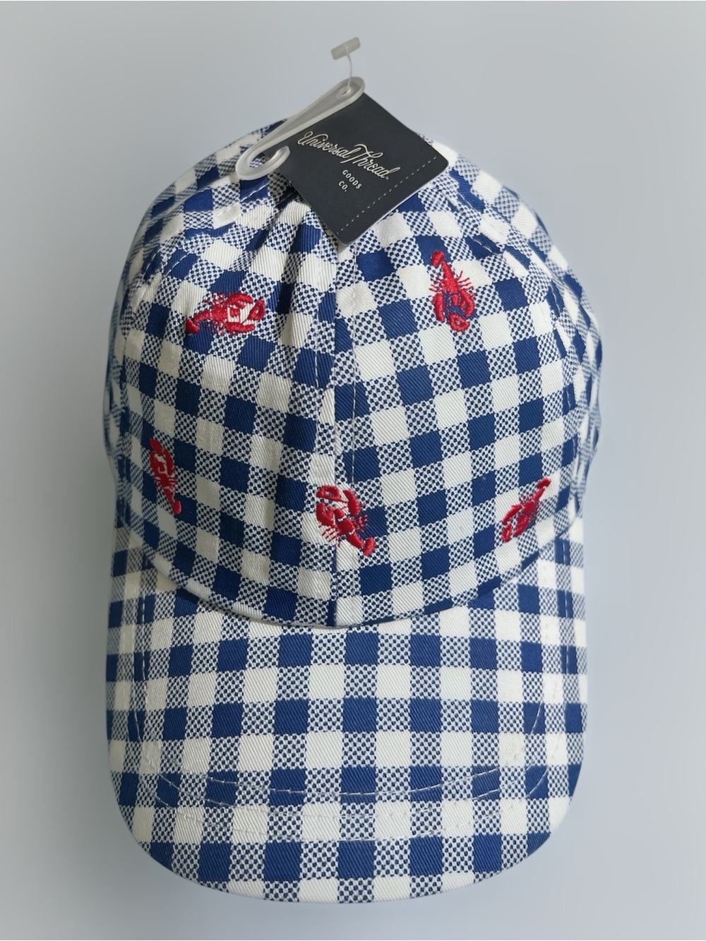 Universal Thread Navy & White Gingham Baseball Cap with Red Embroidered Lobsters